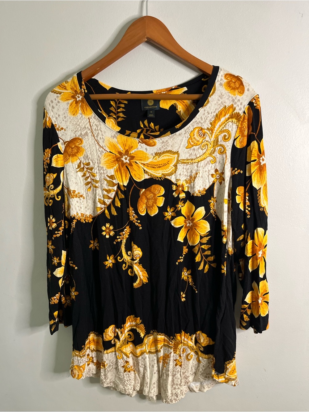 JM Collection Black and Yellow Floral Long Sleeve Scoop Neck Top